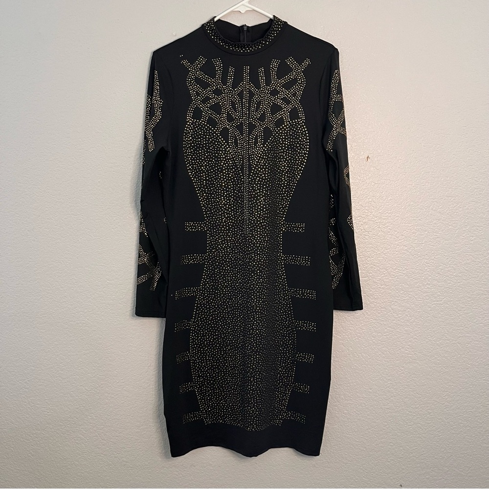 Elegant Black and Gold Embellished Dress 2x see measurements